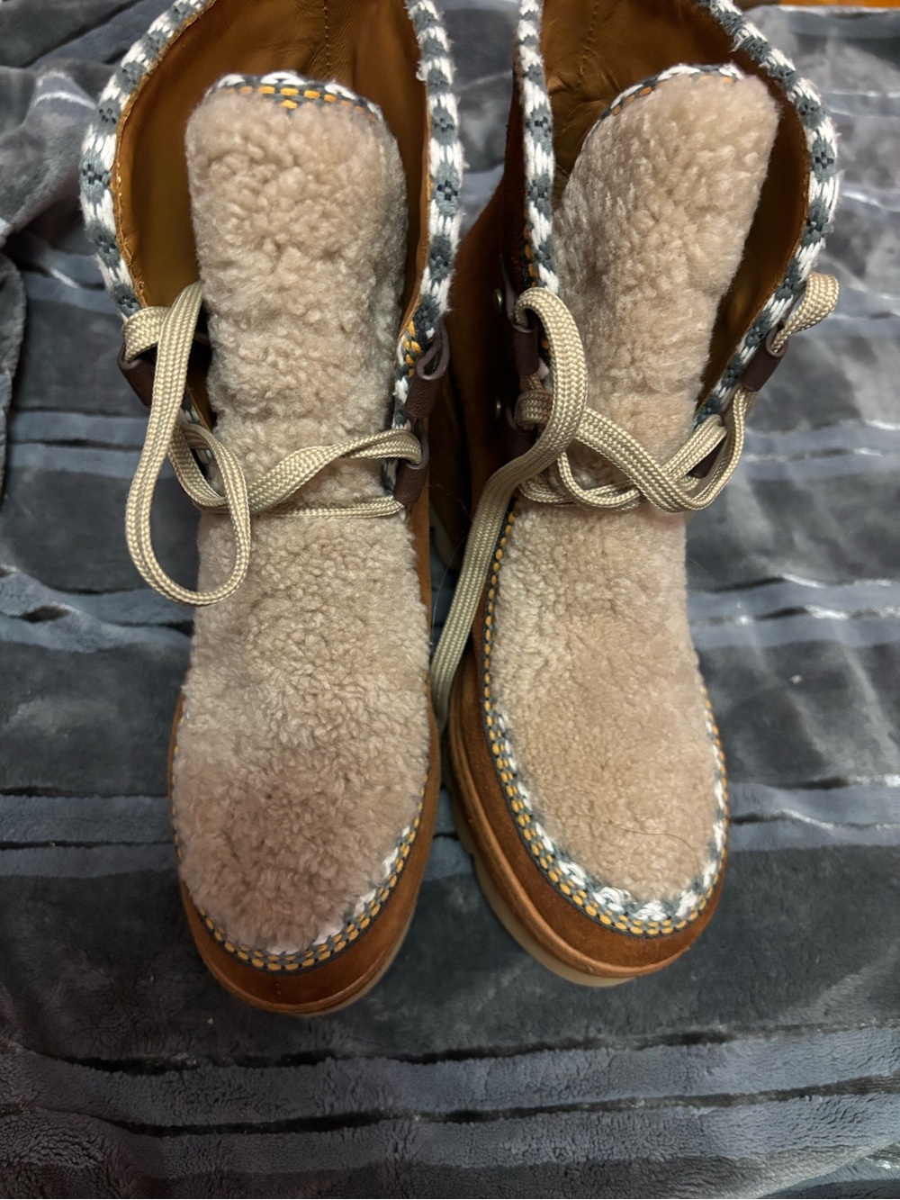 See By Chloe Beige Shearling Lace-Up Winter Boots